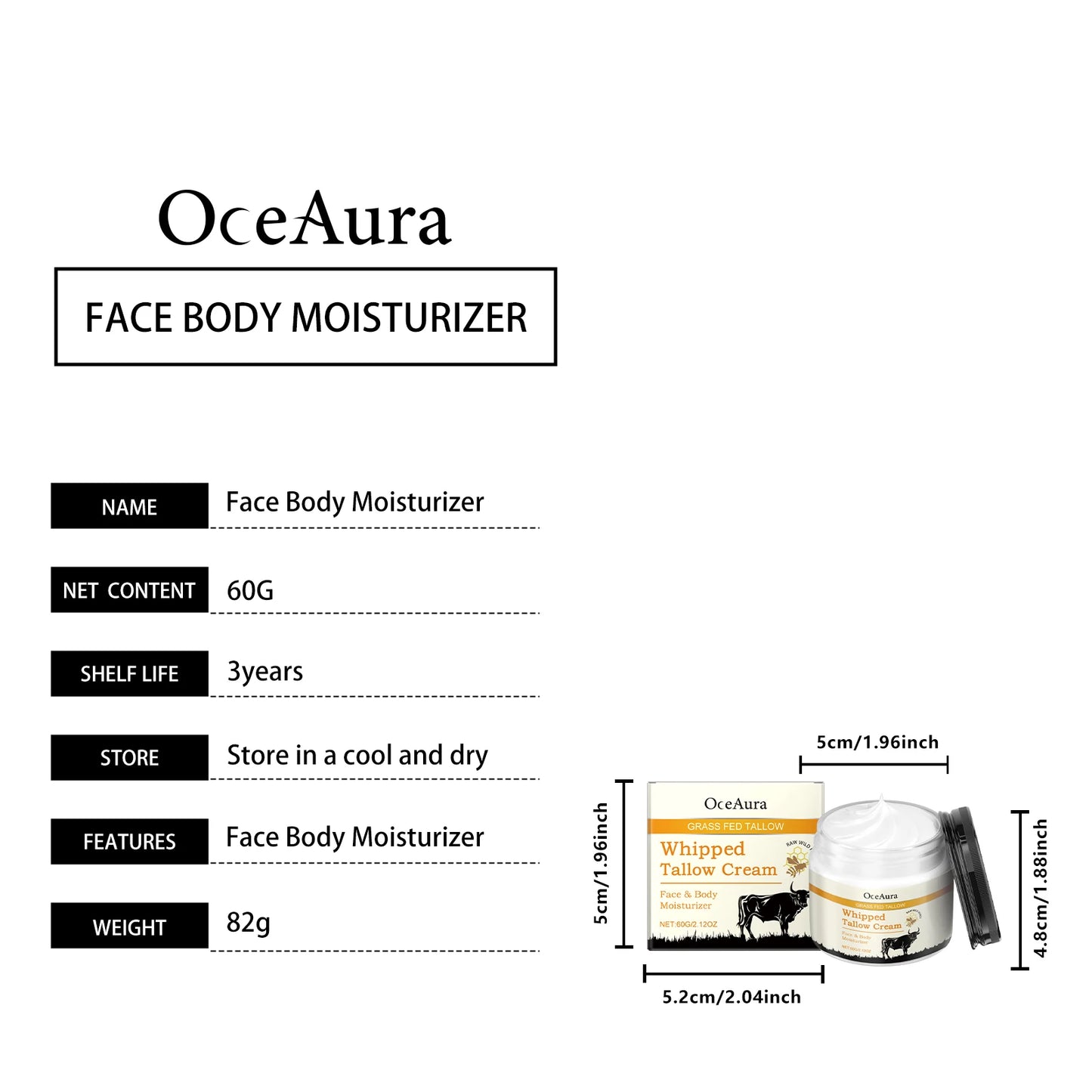 Oceaura 60g Beef Tallow Honey Moisturizer Cream Hydrating Smoothing Face Deep Nourish Rejuvenation Brighten Skin Care Cream