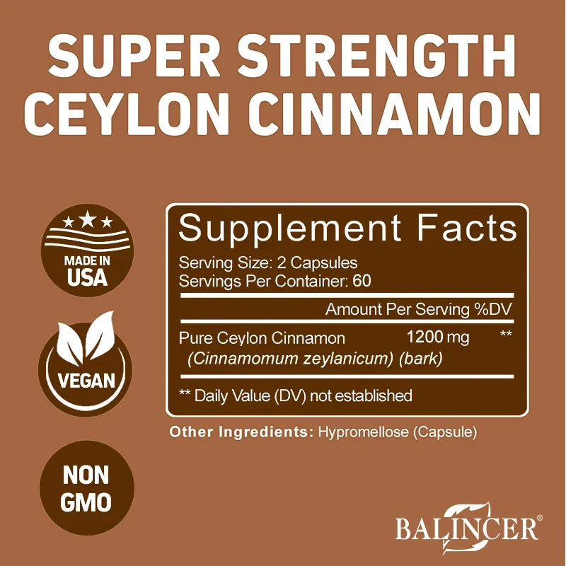 Premium Ceylon Cinnamon Supplement, Antioxidant, Blood Sugar Support, Blood Sugar Balance, Brain & Joint Health, 120 Capsules
