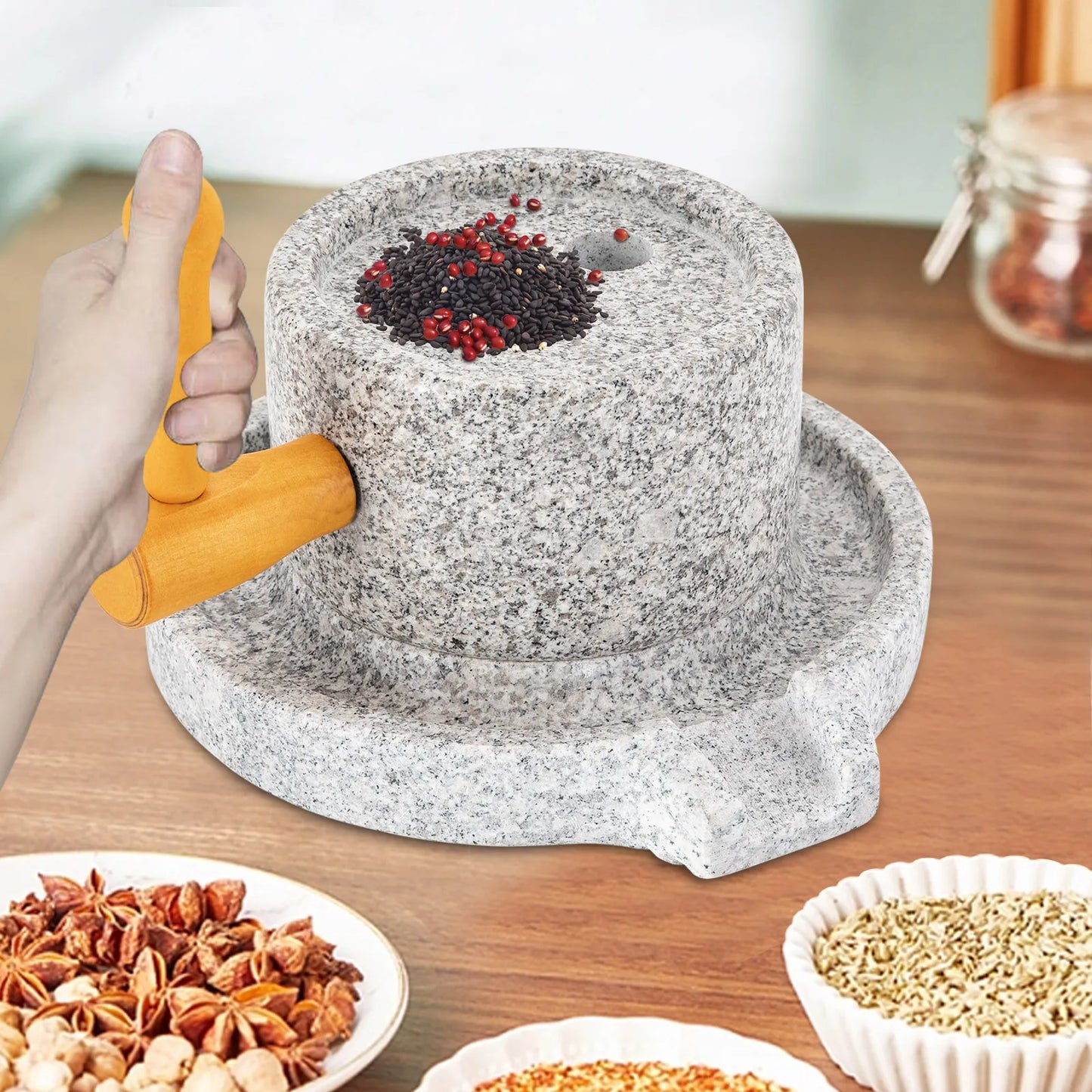 Manual Millstone Grinder Traditional Hand-Push Chili Pepper Mung Bean Flour Mill Grinder Marble Mini Stone Mill