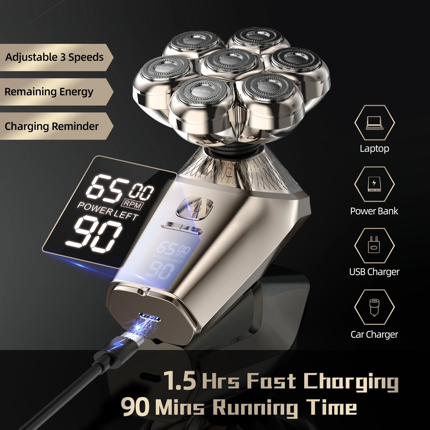 Electric Head Shaver for Bald Men 7 Blades Floating Razor Hair Trimmer USB Rechargeable LED Display Waterproof Beard Shavers