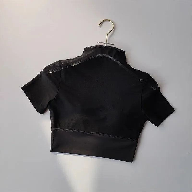 One-piece cup pads Sexy Mesh Yoga short-sleeved T-shirt Female Yoga Clothes Training Tights Pilates fitness Running Sports Shirt