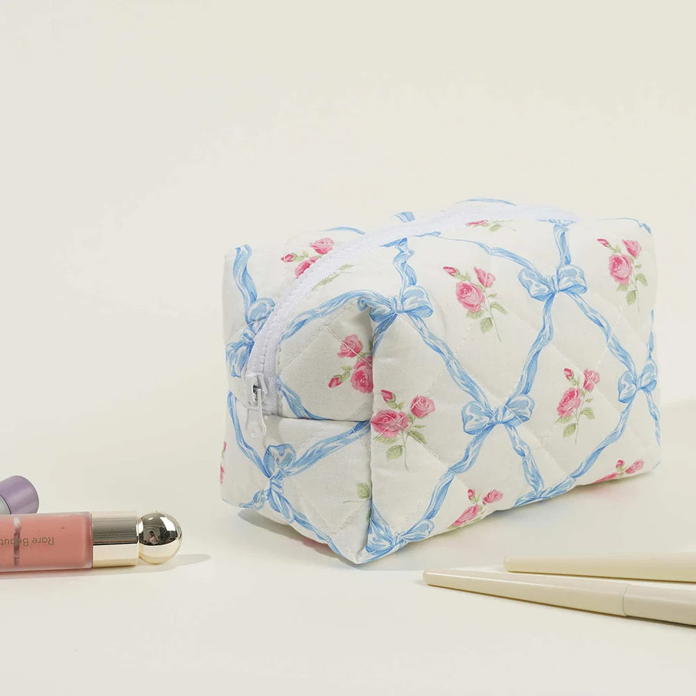 Cute Bow Floral Makeup Bag Cotton Quilted Cosmetic Bag with Zipper Travel Makeup Pouch Large Toiletry Bag for Women