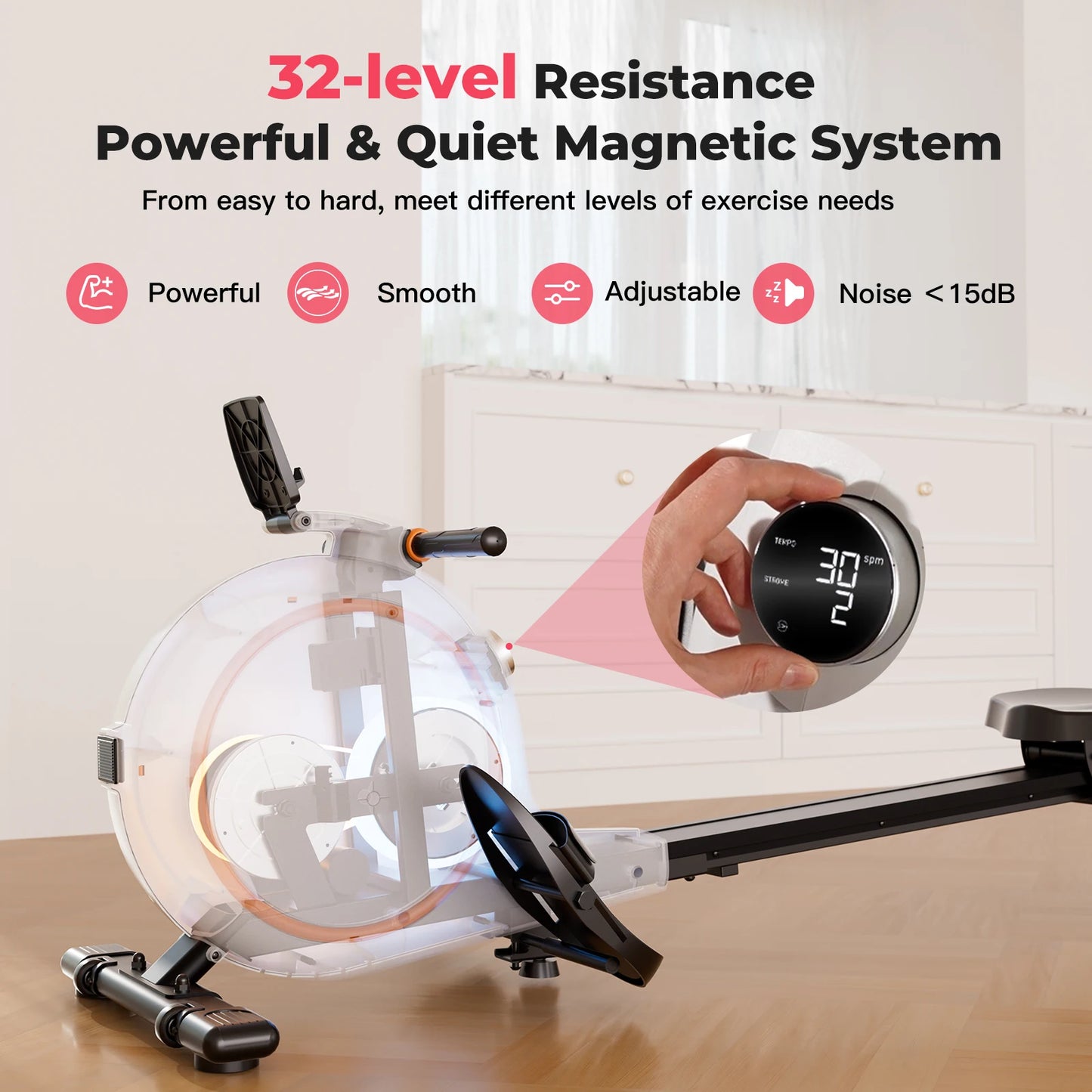 Home Rowing Machine 32Level Adjustable Resistance 300LBS Trainer Row Machine LED Monitor Tablet Holder Bluetooth Fitness Machine