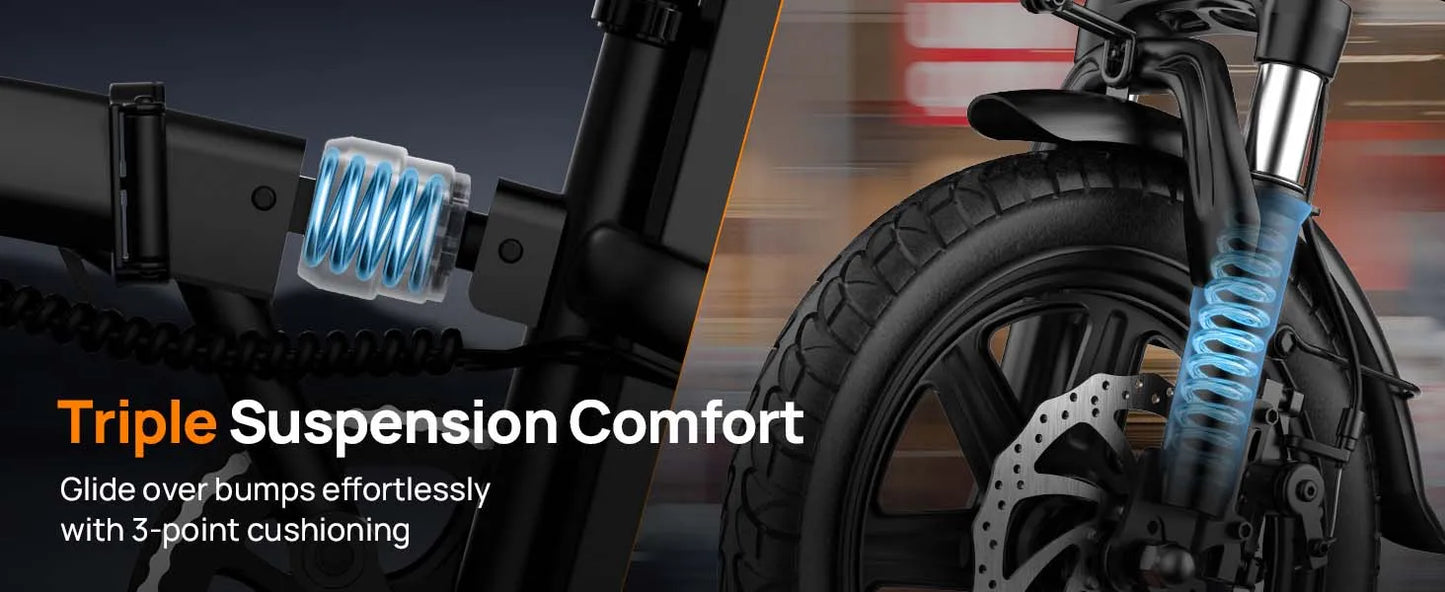 14" Foldable Electric bicycle for Adult, Peak 500W Motor with 48V 7.5Ah Removable Battery 40 Miles Range 3 Hours Charge Time