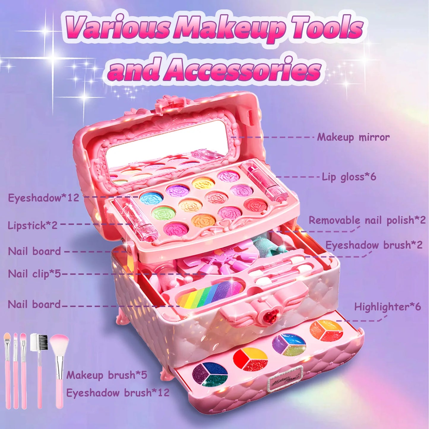 Kids Multi-Layer Foldable Makeup Set - Pretend Play Cosmetic Kit for Girls, Educational and Learning Toy with Storage Box