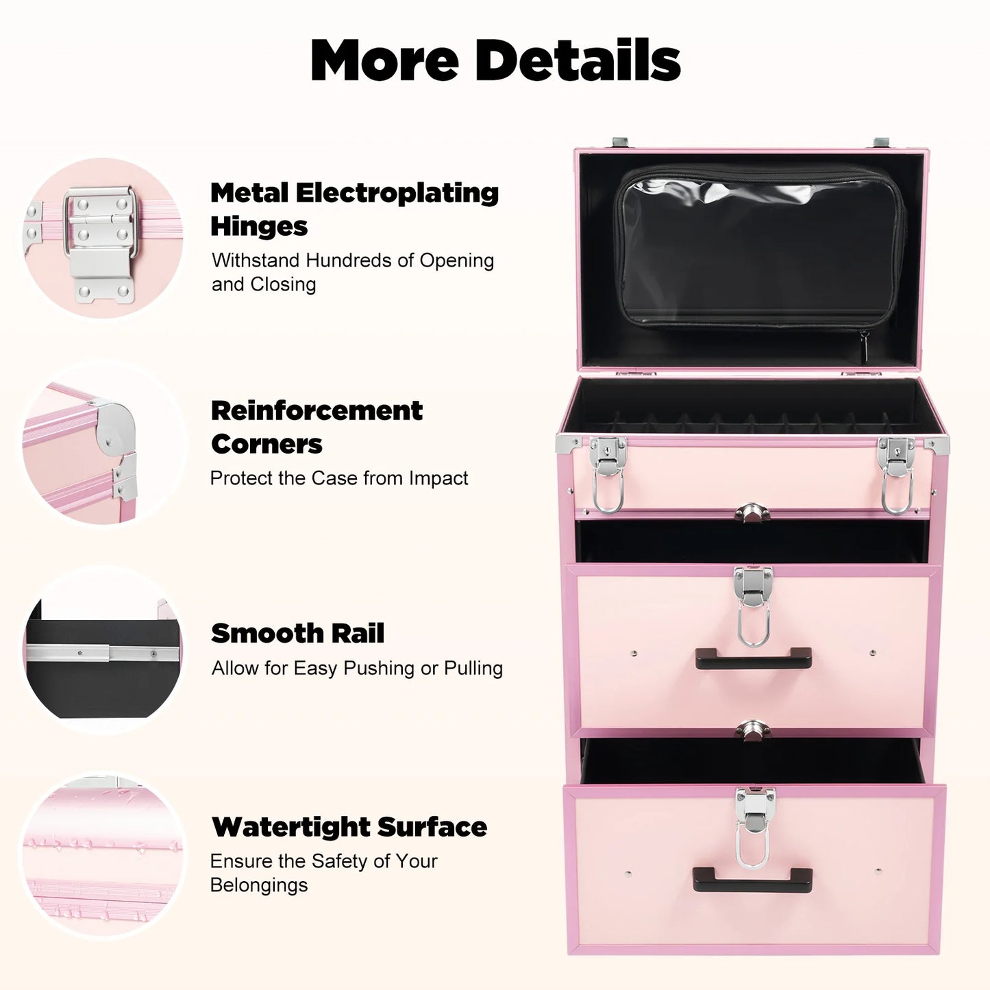 Aluminum Makeup Train Case with Wheels, Featuring A Rolling Nail Polish Organizer Ideal for Salon and Travel Use, Pink