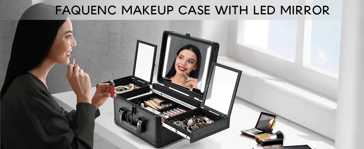 Makeup Case With LED Mirror, Makeup Train Case with Makeup Organizer Bag with Dividers, Fold-out Trays for Jewelry Storage
