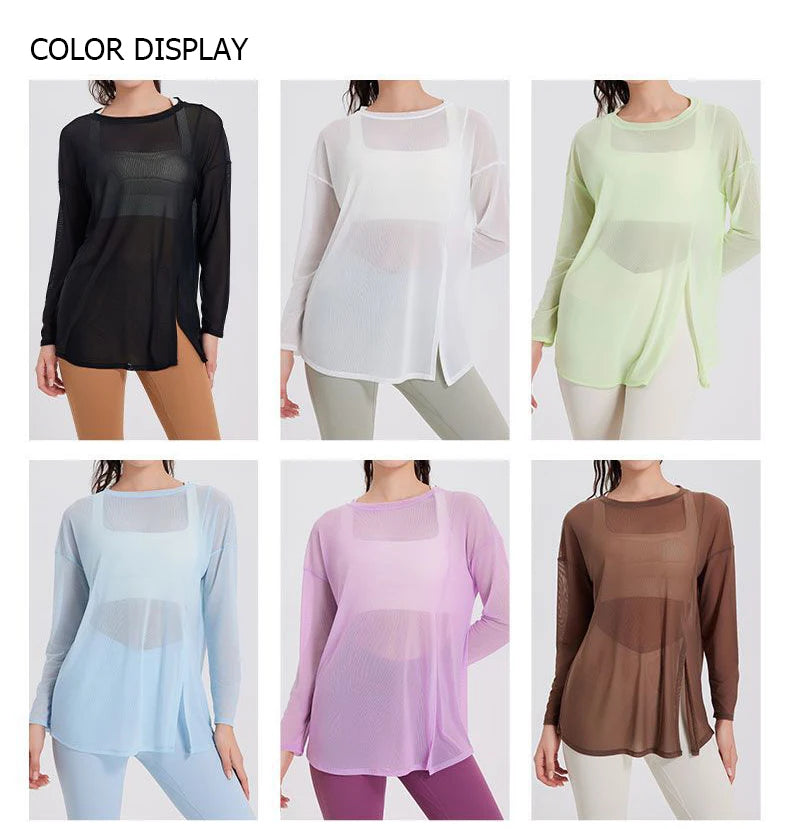 Long Sleeve Yoga Shirt Women Sexy Mesh Breathable Outdoor Running Blouse Solid Color Loose Gym Top Female Workout Clothes