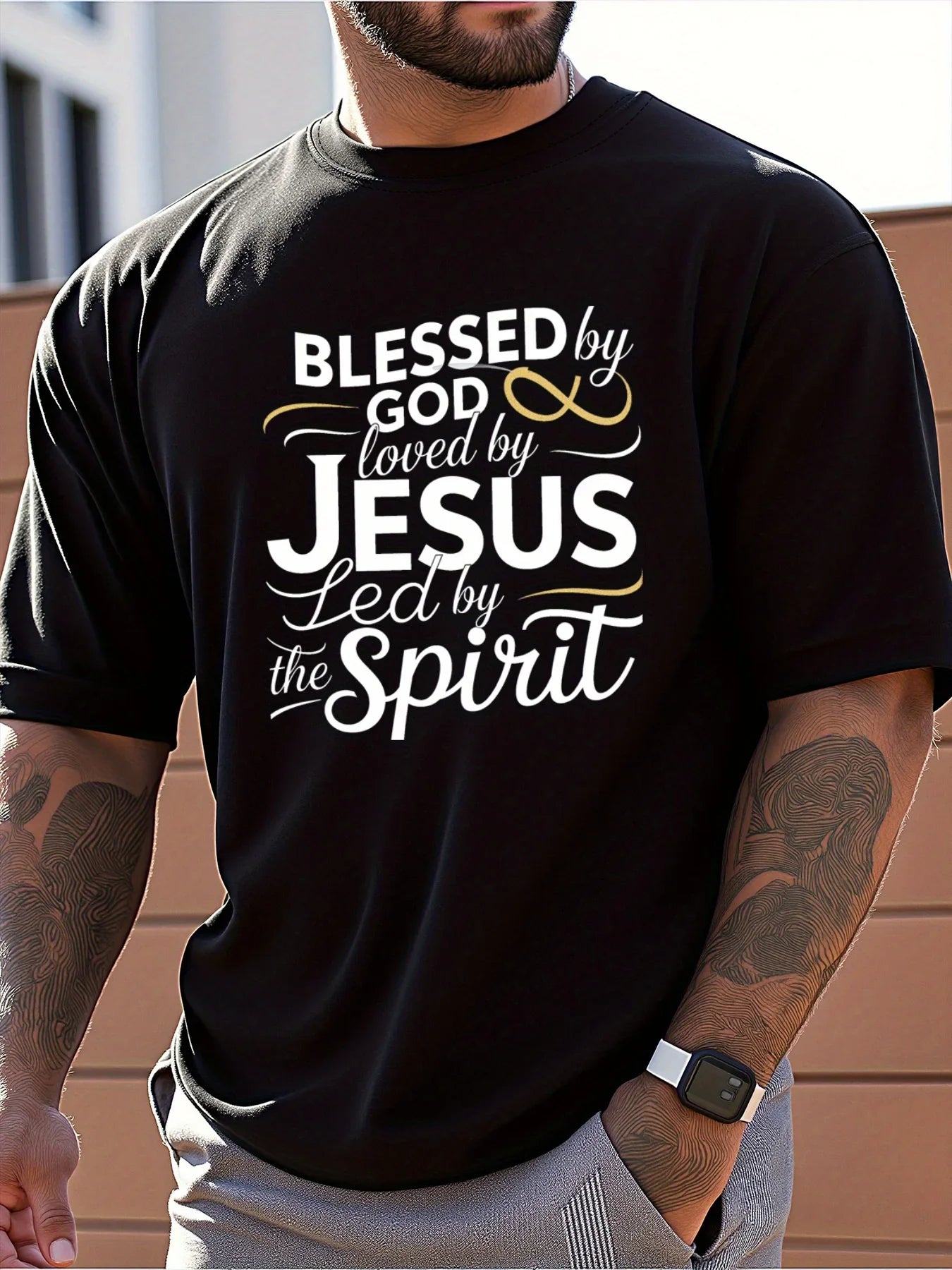 Men's Religious Faith T Shirt Blessed by God Loved by Jesus LED by the Spirit Inspirational Print