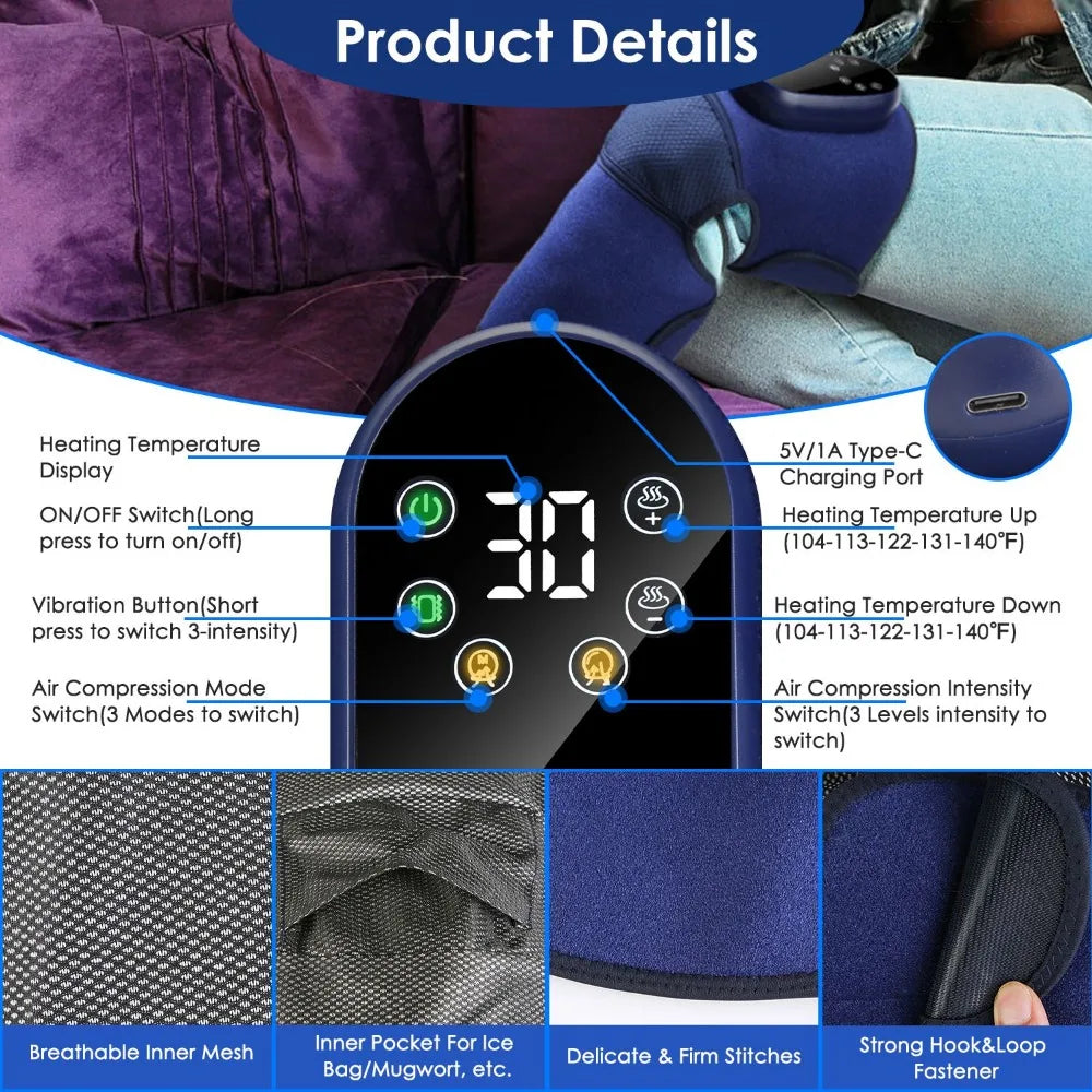 Cordless Knee Massager Heated Knee Brace Wrap Electric Knee Heating Pad with 5-Level Heating 3-Level Vibration 3-Mode & 3-Level