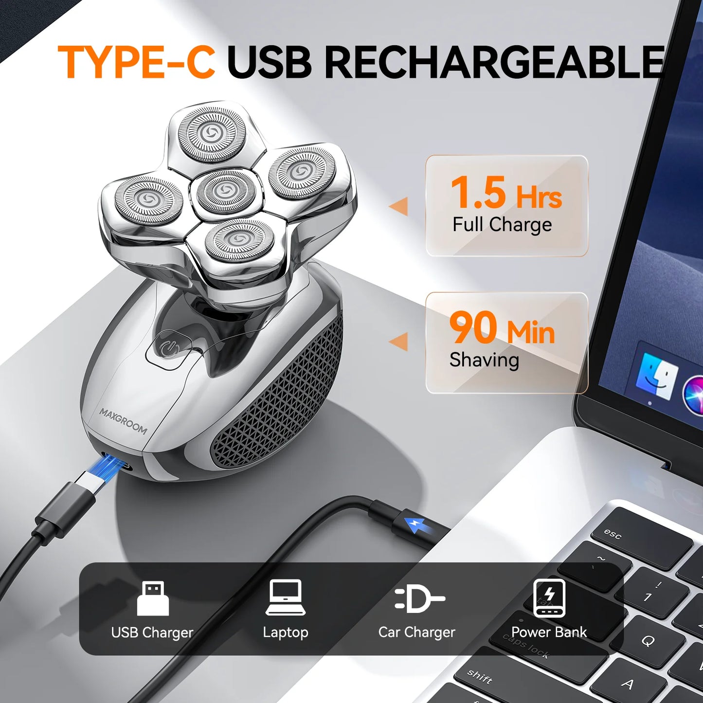 MAXGROOM Electric Head Shavers for Men 5D Floating Blade Magnetic Razor Hair Trimmer USB Rechargeable Waterproof Beard Shaver