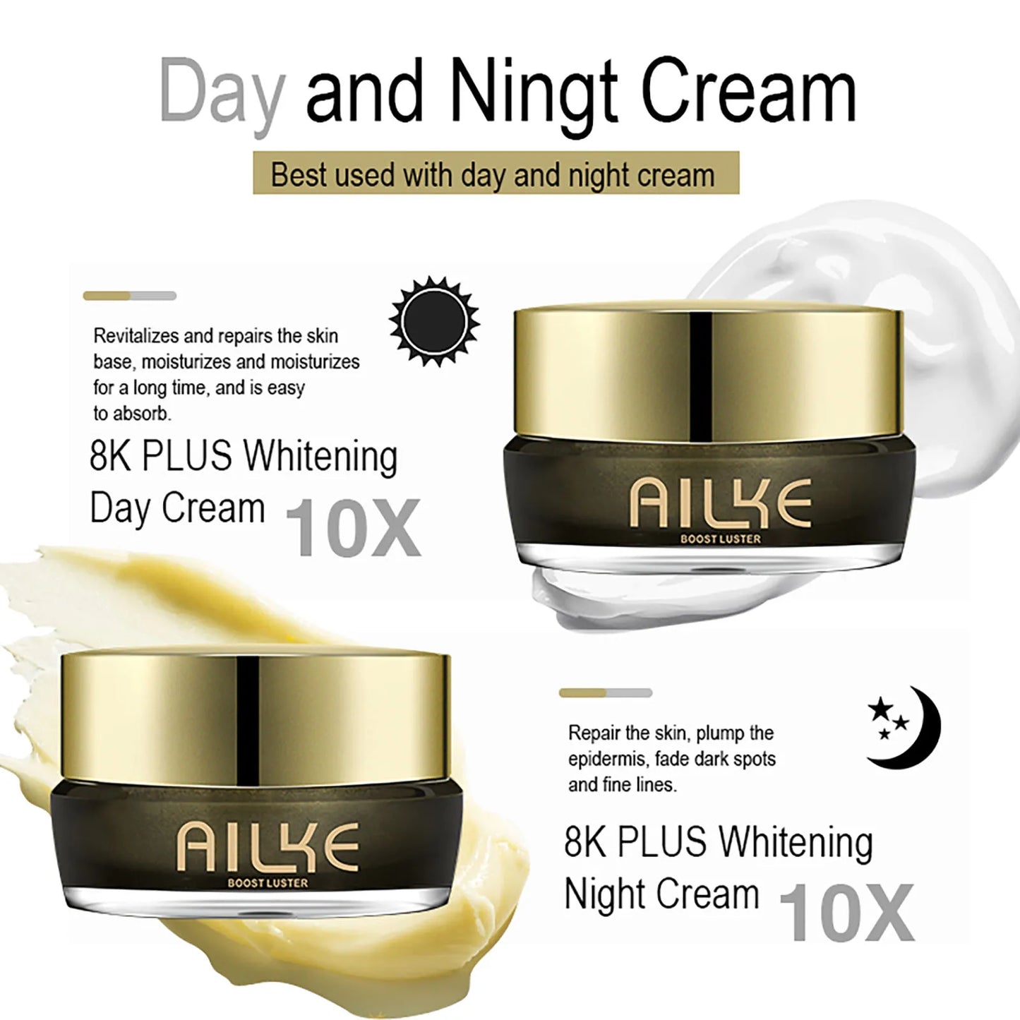 AILKE Whitening Face Cream, Reduce Dark Spots, Sun Spots, Reduce Melanin, With Collagen, Glutathione, For All Skin Types