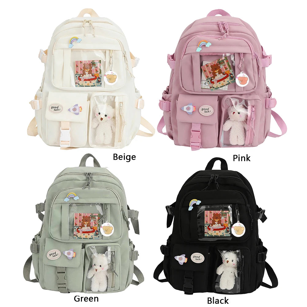 Sports Knapsack Fashion College Student Rucksack with Plush Pendant Pin Cute Kawaii Large Capacity Japanese Style for Teen Girls