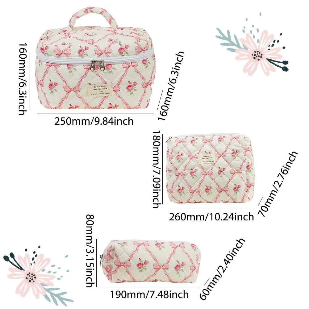 Three Piece Makeup Bag Set Floral Design Quilted Portable Cosmetic Pouch Ideal for Travel and Everyday Use