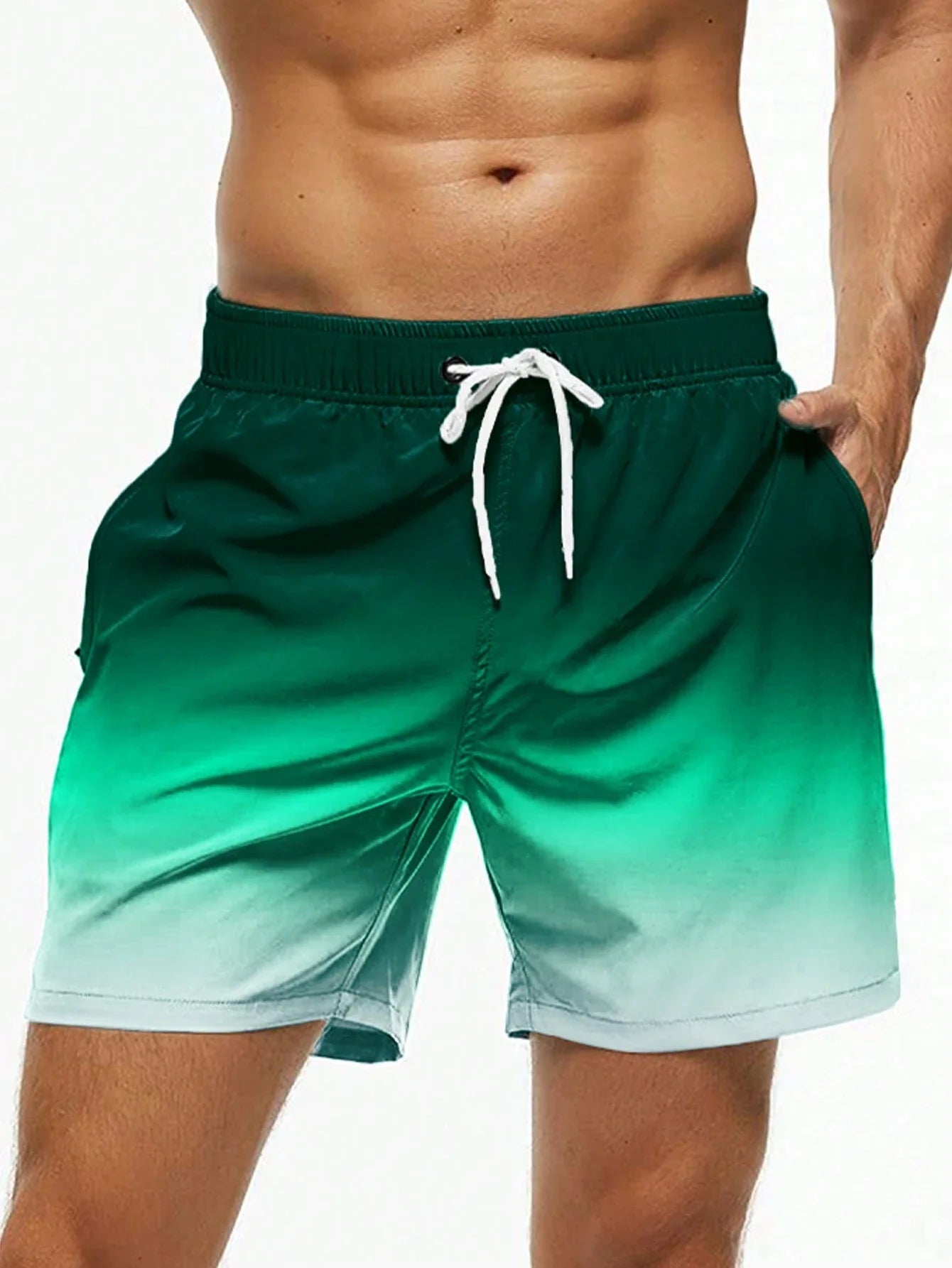 Men's Beach Shorts Gradient Color Block Drawstring Summer Men's swim Trunks Elastic Waist 3D Print Breathable Short Streetwear