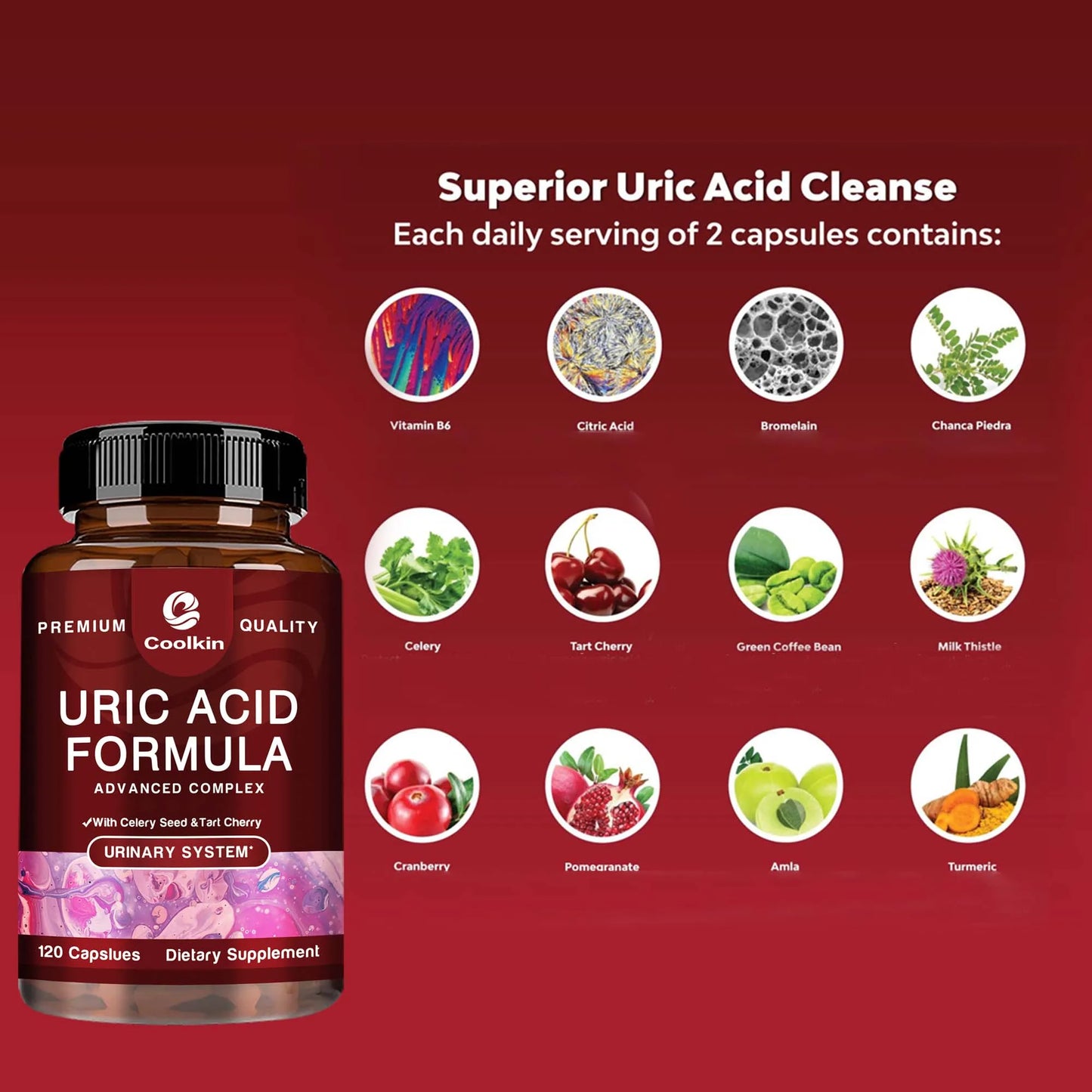 Uric Acid Cleanse Capsules - with Tart Cherries, Celery - Kidney Cleansing, Uric Acid Cleansing, Joint Health - 120 Capsules