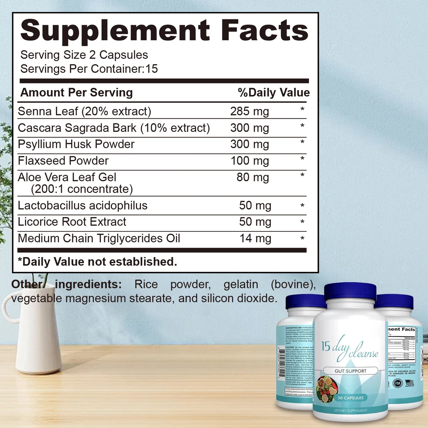 15 Day Cleanse - Gut and Colon Support, Advanced Formula with Senna, Cascara Sagrada & Psyllium Husk - 30 Capsules