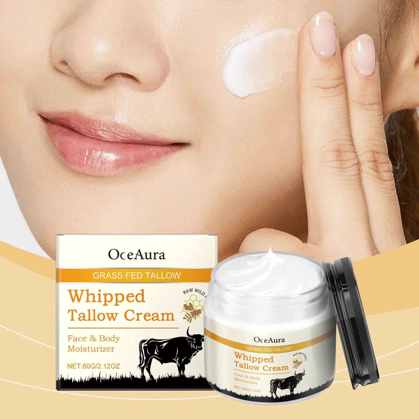Oceaura 60g Beef Tallow Honey Moisturizer Cream Hydrating Smoothing Face Deep Nourish Rejuvenation Brighten Skin Care Cream