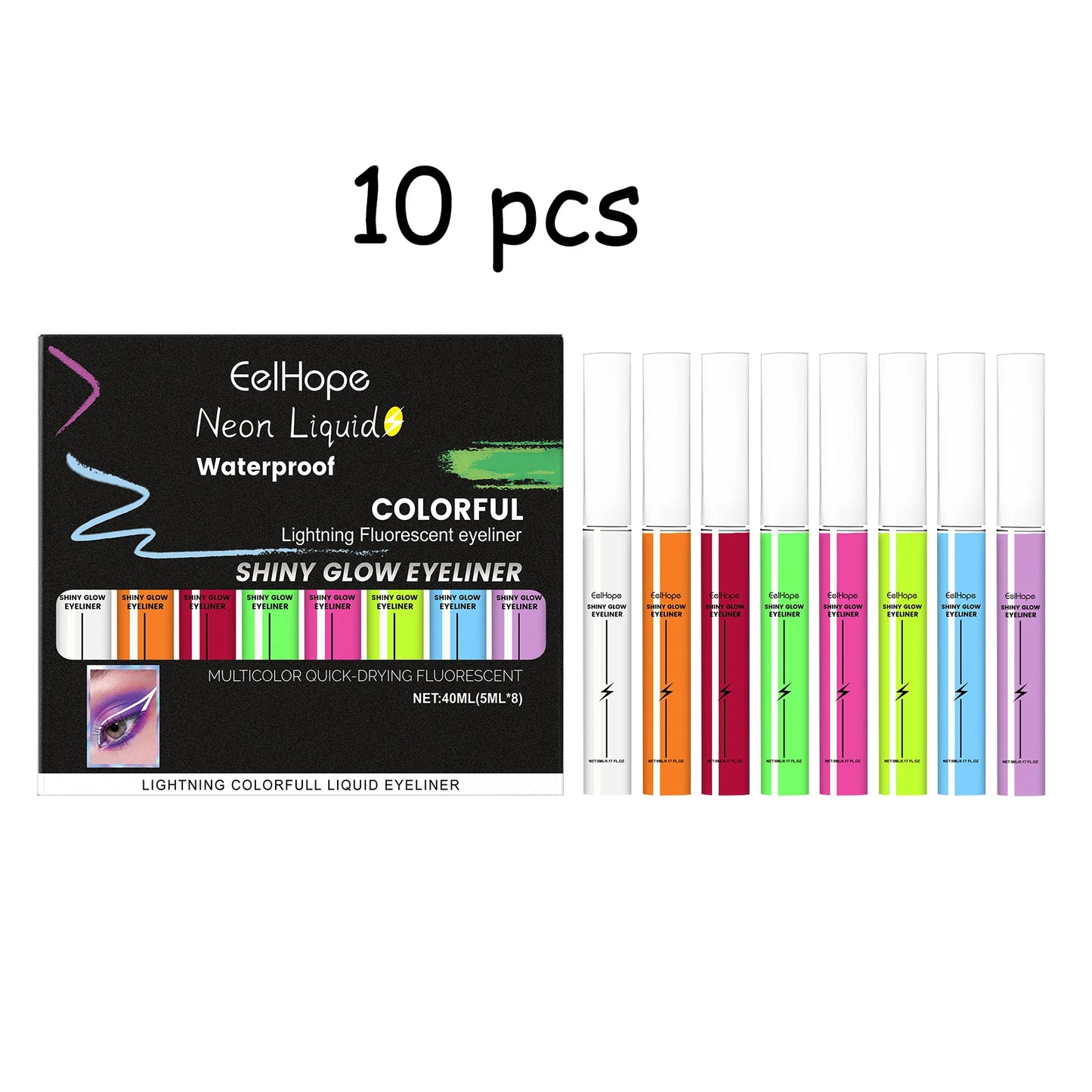 Multi Color Neon Eyeliner Liquid Set Lasting Eye Makeup Prevent Fading Waterproof Sweatproof Shiny Glow Eyeliner
