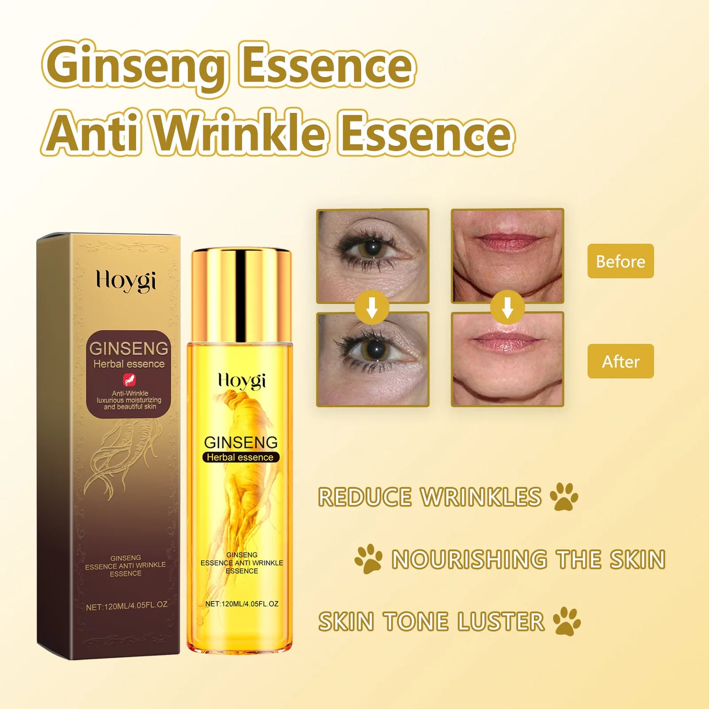 Hoygi 120ml Ginseng Anti Wrinkles Face Serum Fade Fine Lines Repair Face Dullness Hydration Brighten Moisturizing Facial Serum