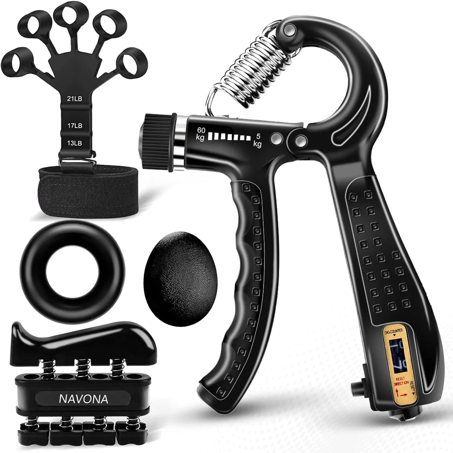 Grip Trainer Kit: Adjustable Hand Gripper, Finger/Hand Exercisers, Stress Ball & Forearm Ring for Muscle Build & Injury