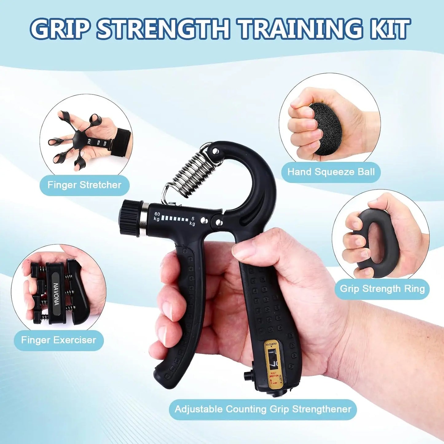 Grip Trainer Kit: Adjustable Hand Gripper, Finger/Hand Exercisers, Stress Ball & Forearm Ring for Muscle Build & Injury
