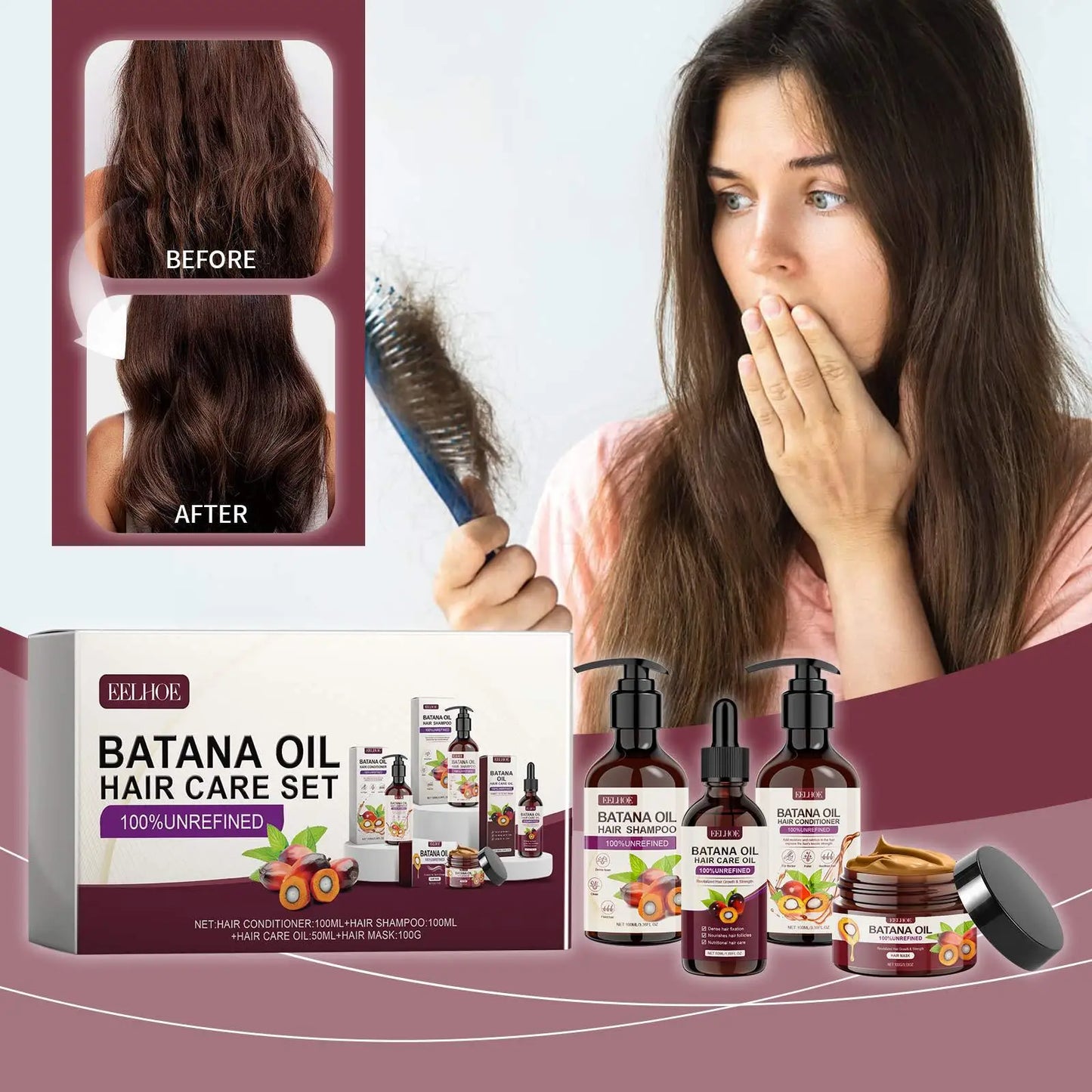 Eelhoe 1set Batana Oil Hair Care Set Volumizing Moisturizing Repair Frizz Split Ends Anti Breakage Nourish Scalp Smooth Hair Set