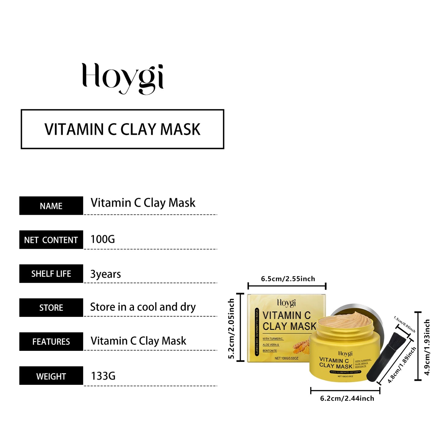 Hoygi 100g Turmeric Clay Mask Vitamin C Cleansing Face Shrink Pores Oil Control Exfoliating Facial Skin Moisturizing Face Mask
