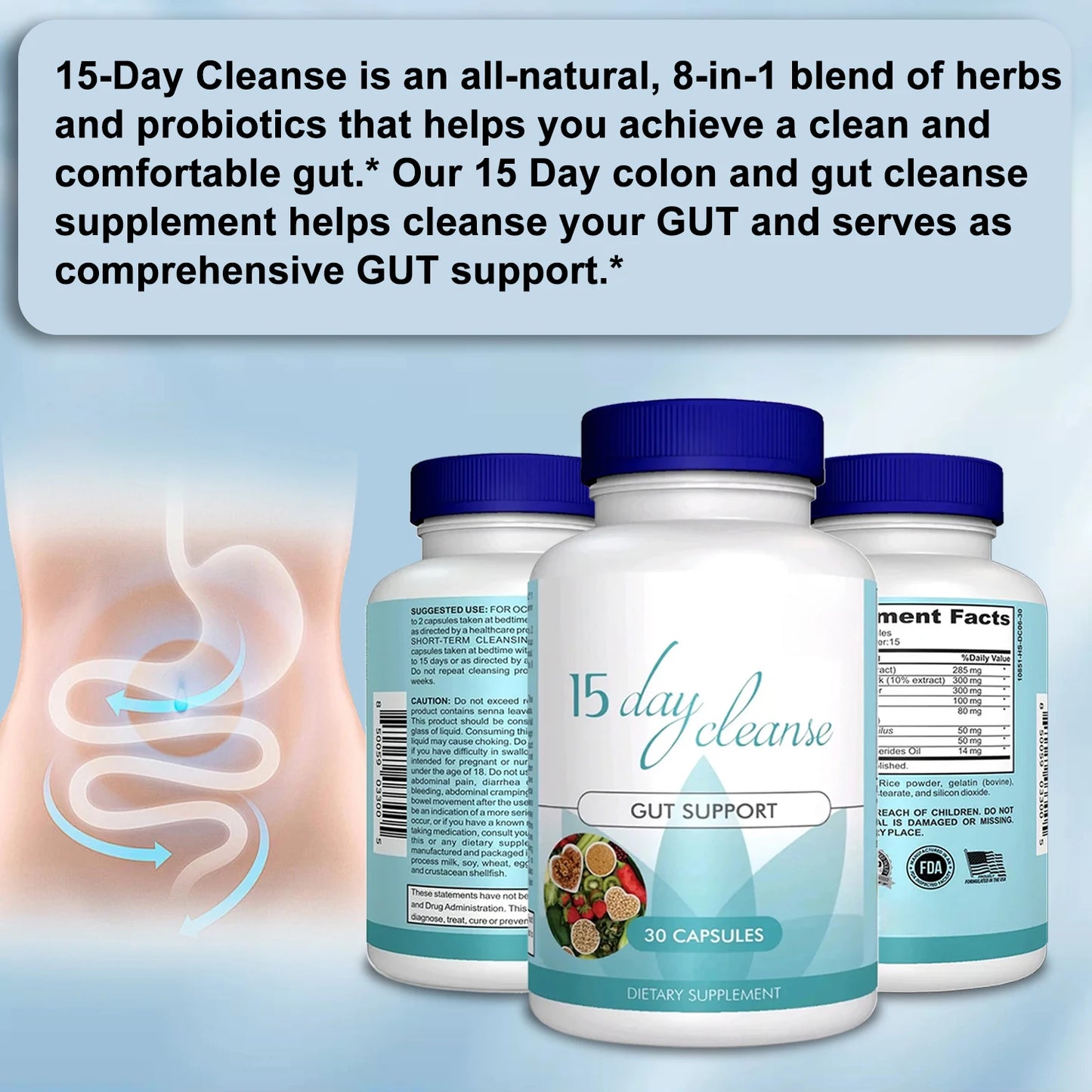 15 Day Cleanse - Gut and Colon Support, Advanced Formula with Senna, Cascara Sagrada & Psyllium Husk - 30 Capsules