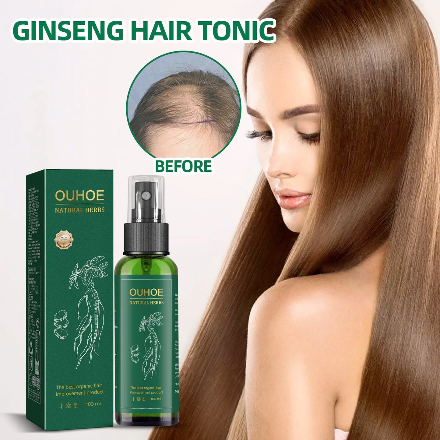Ouhoe 100ml Ginseng Hair Growth Spray Repair Dry Frizzy Hair Oil Avocado Moisturize Hair Mask Nourish Scalp  Anti Hair Loss Mist