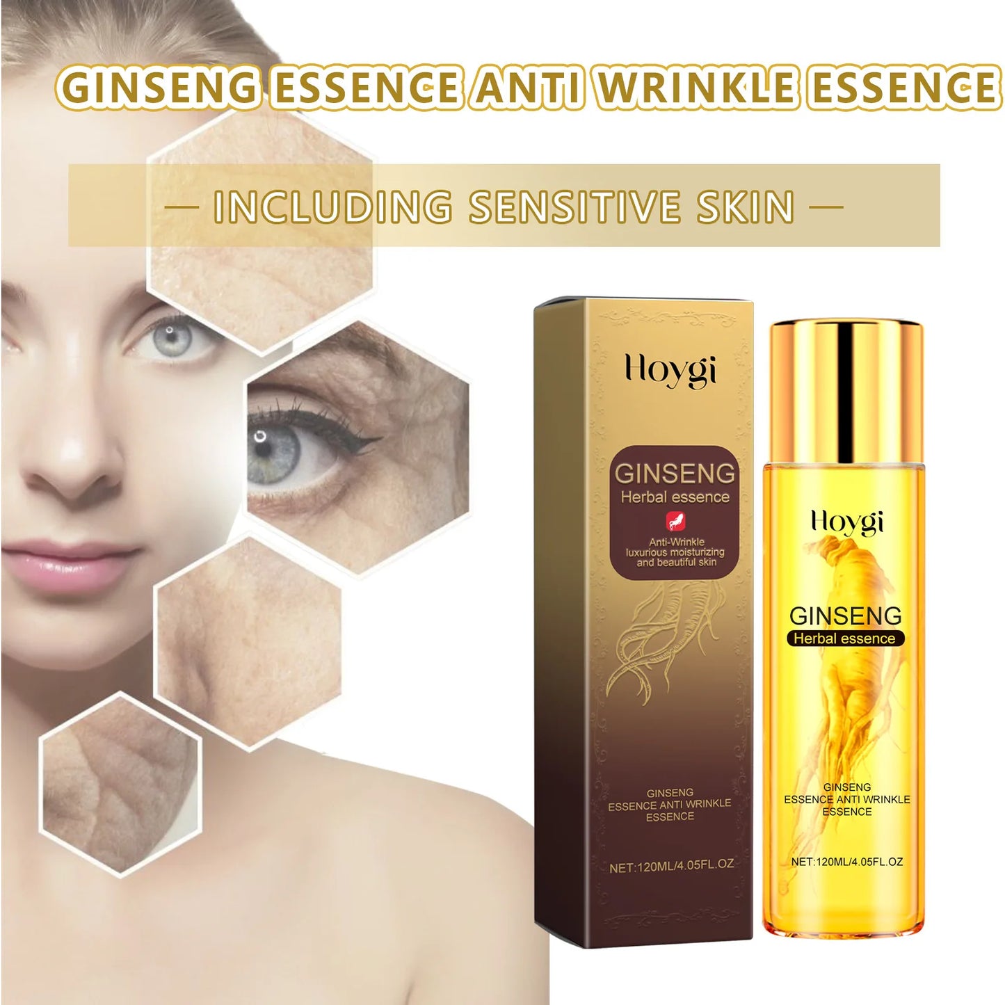 Hoygi 120ml Ginseng Anti Wrinkles Face Serum Fade Fine Lines Repair Face Dullness Hydration Brighten Moisturizing Facial Serum