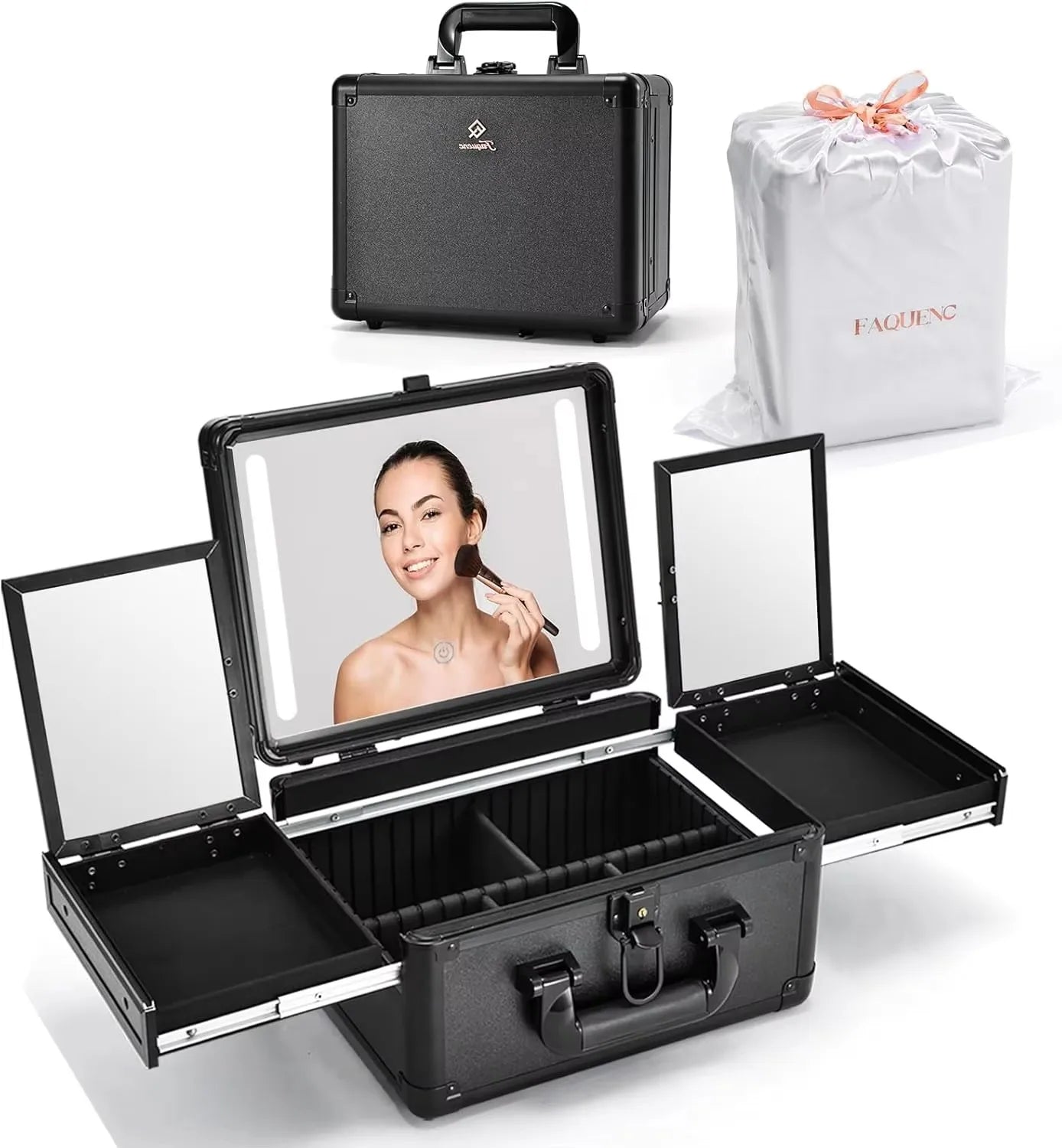 Makeup Case With LED Mirror, Makeup Train Case with Makeup Organizer Bag with  Dividers, Fold-out Trays for Jewelry Storage