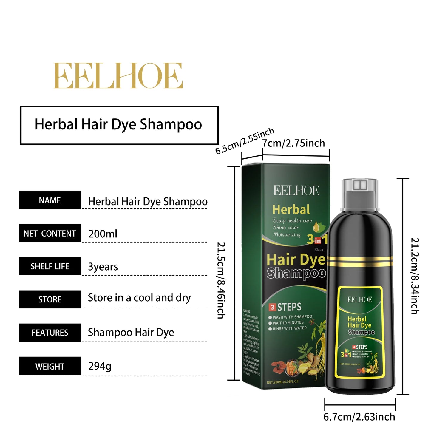 Eelhoe 200ml Herbal Hair Dye Shampoo Natural Black Coloring Cover Gray White Hair Fluffy Oil Control Nourish Hair Dyeing Shampoo