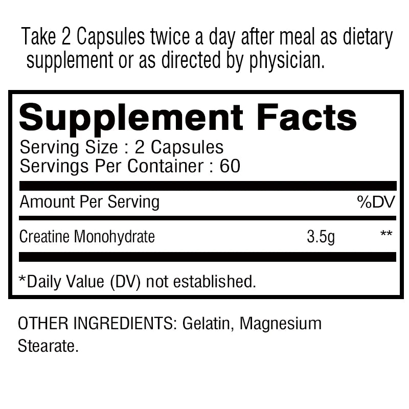 Creatine Monohydrate - Increase Strength, Build Muscle and Improve Performance, Explosive Power for Men - 120 Capsules