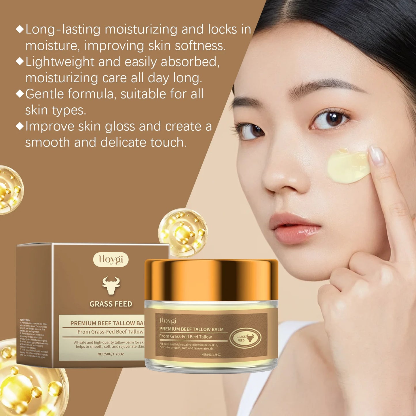 Hoygi 50g Beef Tallow Face Cream Moisturizer Repair Dry Rough Skin Increase Elasticity Hydration Smooth Tallow Nourishing Balm
