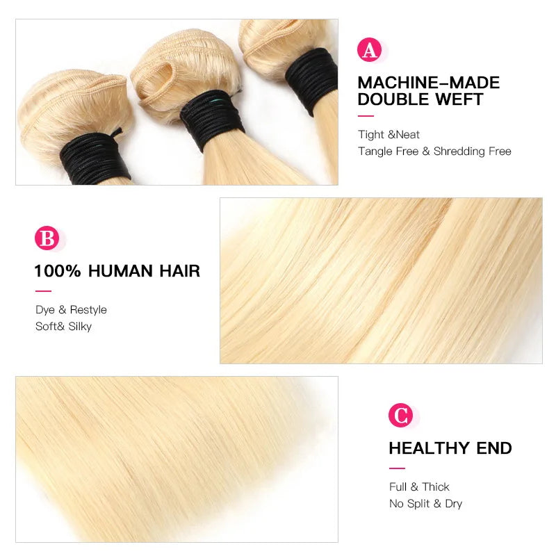 613 Blonde 1/3/4 Brazilian Hair Bundles Straight Weave 100% Human Hair Weft 24 26 28 30 32 34 36 38 40 Inch Bundle Weaving
