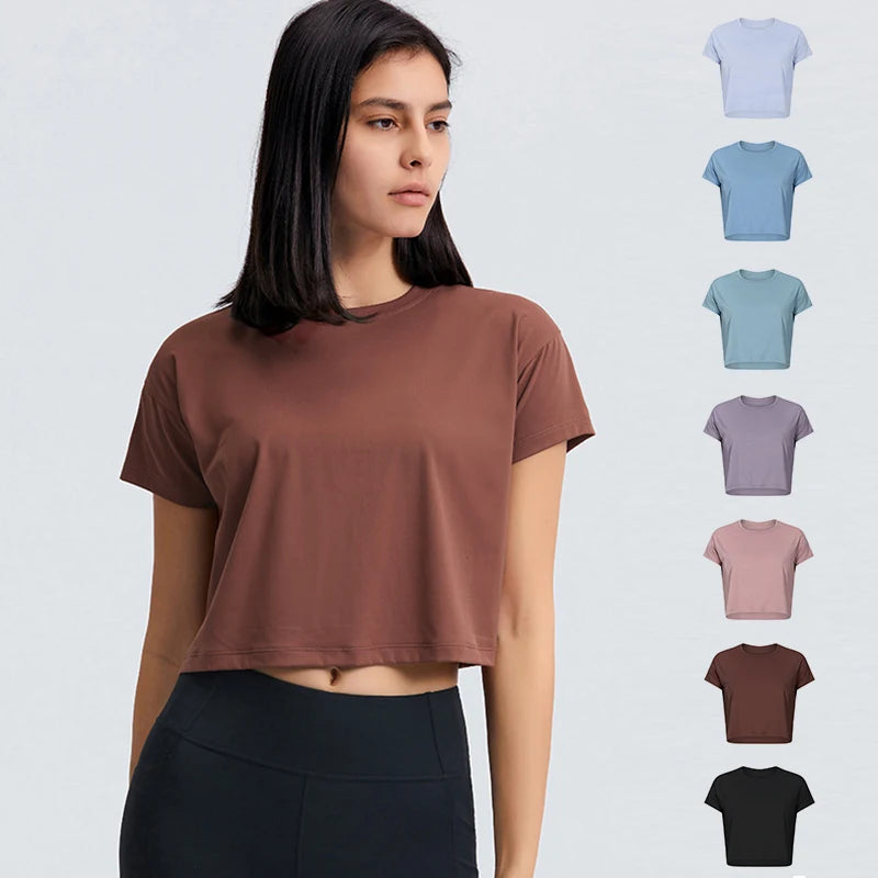 Loose Blouses Women Seamless Sport t-Shirts Sexy Yoga Crop Top Short Sleeve Running Shirts Solid Quick Dry Fitness Gym Crop Tops