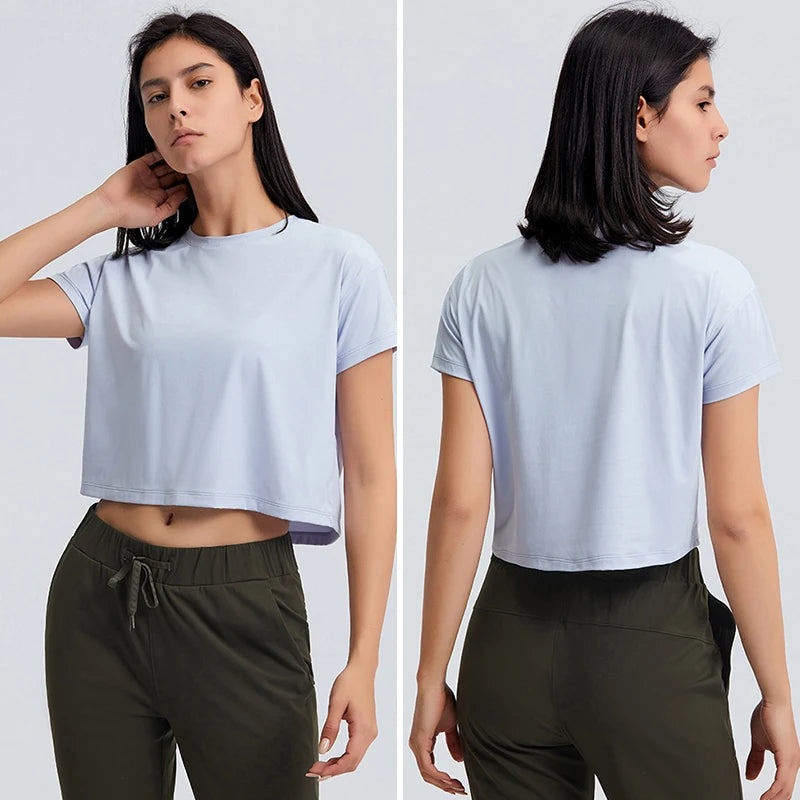 Loose Blouses Women Seamless Sport t-Shirts Sexy Yoga Crop Top Short Sleeve Running Shirts Solid Quick Dry Fitness Gym Crop Tops