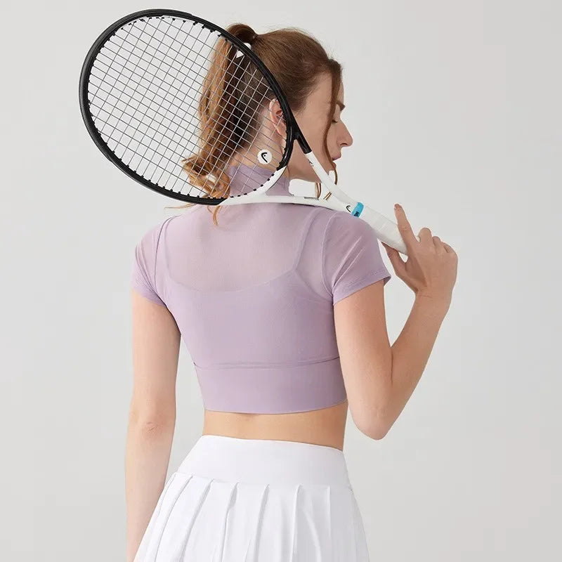 One-piece cup pads Sexy Mesh Yoga short-sleeved T-shirt Female Yoga Clothes Training Tights Pilates fitness Running Sports Shirt