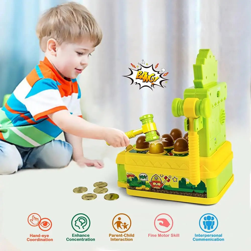 Mini Coin Operated Arcade Game Bank with 2 Hammers, Interactive Electronic Developmental Toy for Kids Ages 3-6