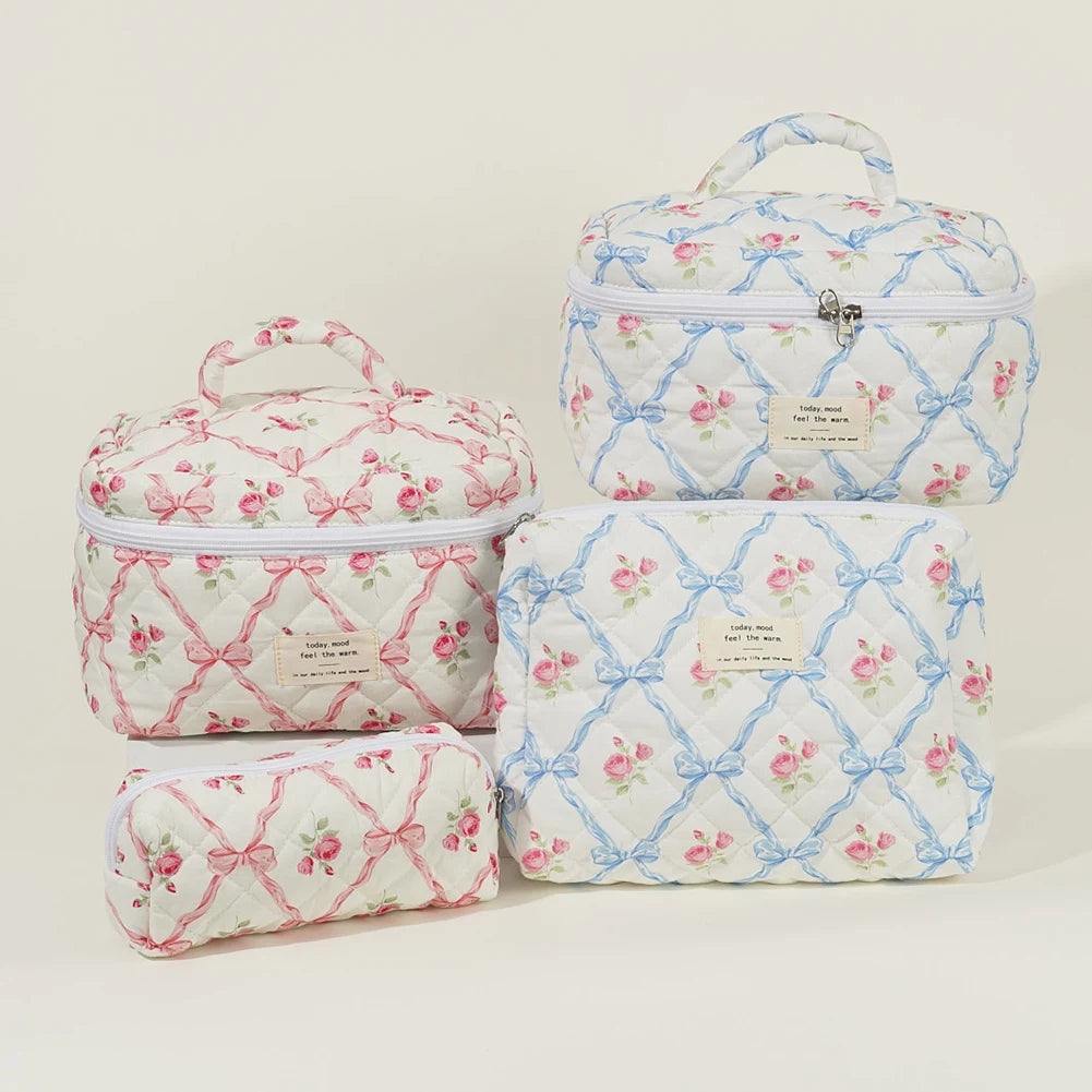 Three Piece Makeup Bag Set Floral Design Quilted Portable Cosmetic Pouch Ideal for Travel and Everyday Use