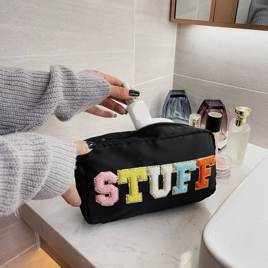 Casual Toiletry Bag Embroidery Letter Patch Travel Organizer Portable Zipper Female Cosmetic Bag Waterproof Nylon for Lady Girls