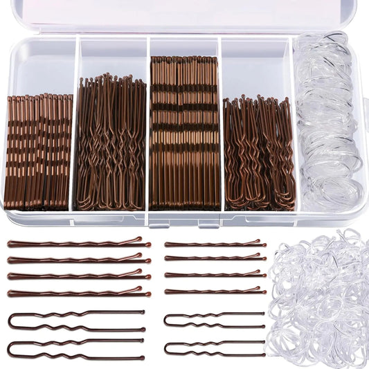 300 Pieces Bobby Clip Hair Clip Kit, 100 Hair Clips for Women, 100 Bobby Pins for Brown Hair and 100 Hair Bands