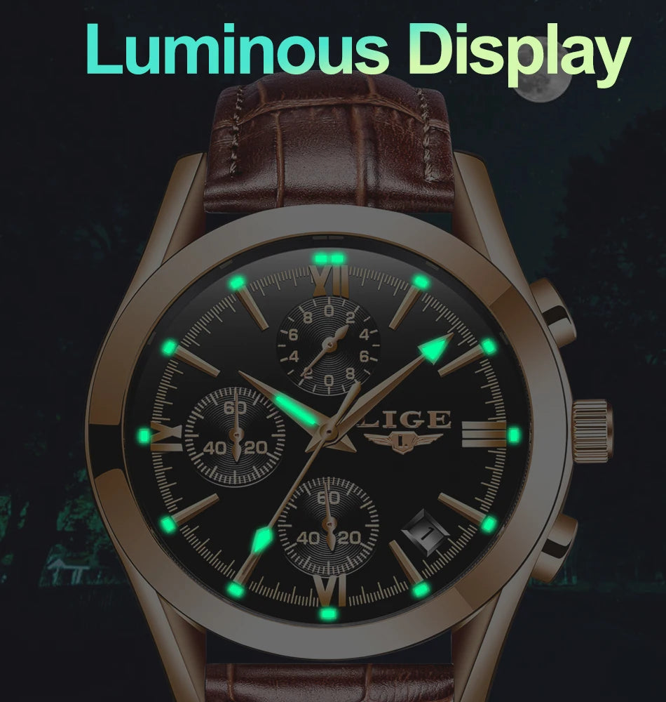 LIGE Men Watch Top Brand Luxury Waterproof Luminous Sport Wristwatch Quartz Military Genuine Leather Relogios Masculino+Box