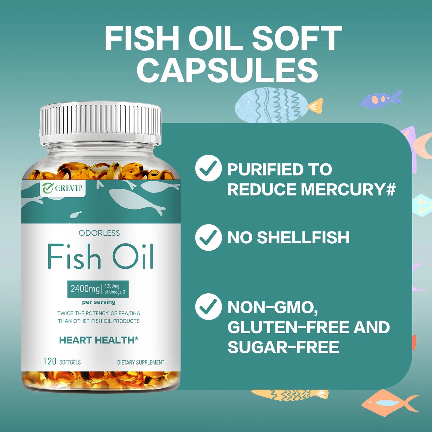 Omega-3 Fish Oil - Relieve Stress, Improves Memory, Supports Brain, Cardiovascular Health, Rich in DHA and EPA - 120 Capsules