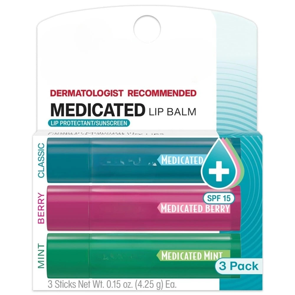 Medicated Lip Balm 3 Count, 0.15 Oz Each, Classic, Mint and Berry Flavor, Soothes and Protects, Advanced Medicated Lip Care -NEW