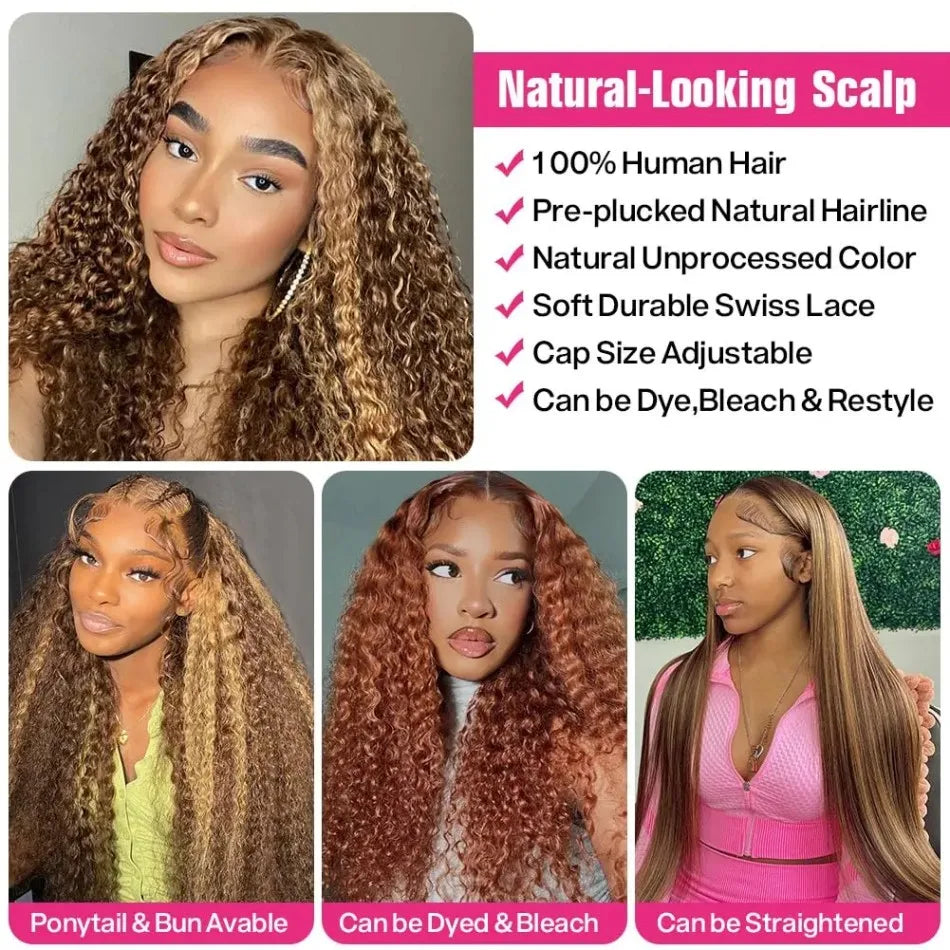 360 Full Lace Wig Human Hair Pre Plucked Hd Highlight Deep Wave Frontal Wig Invisible Drawstring 250 Density 13X4 Lace Front Wig