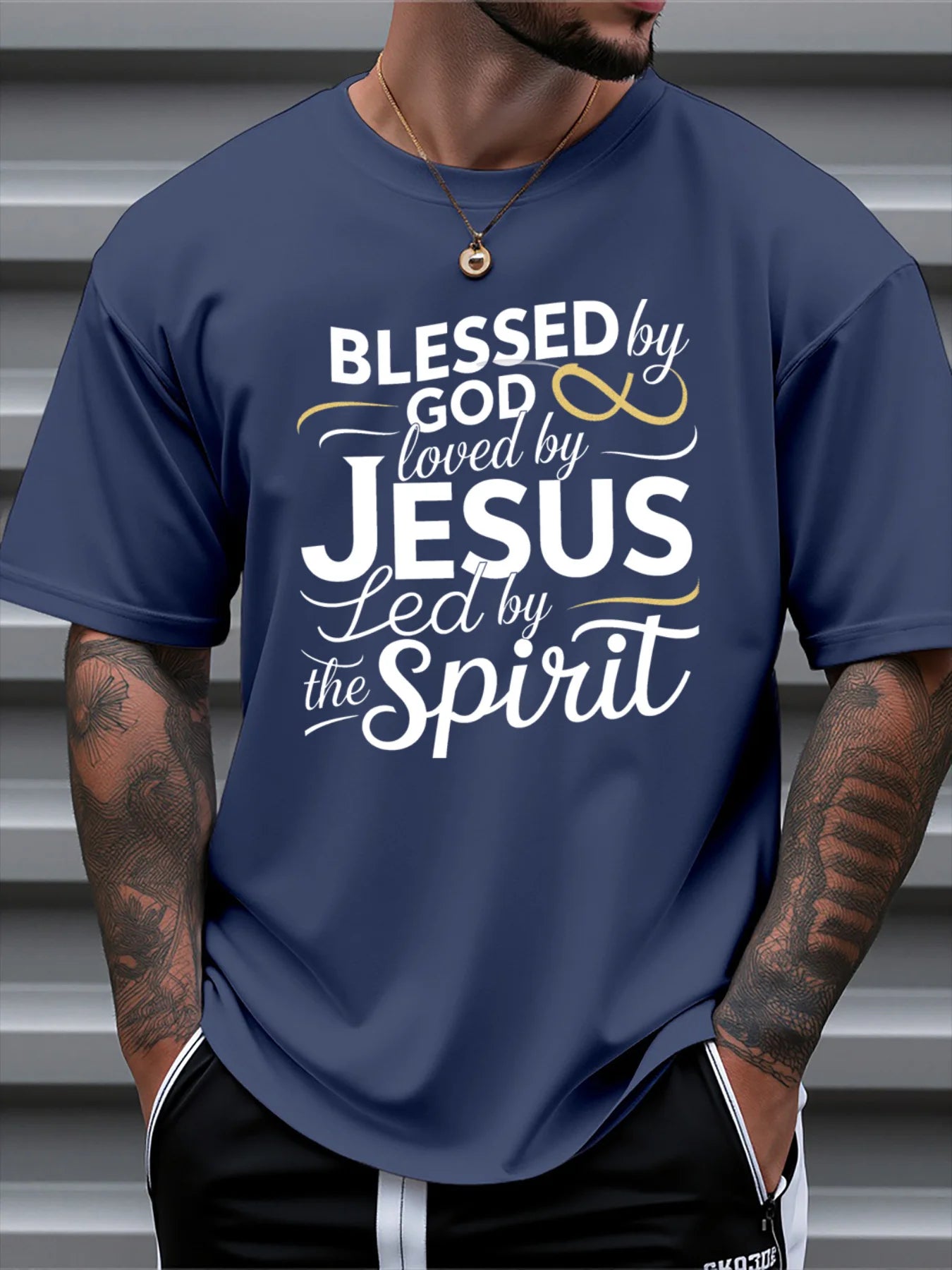 Men's Religious Faith T Shirt Blessed by God Loved by Jesus LED by the Spirit Inspirational Print