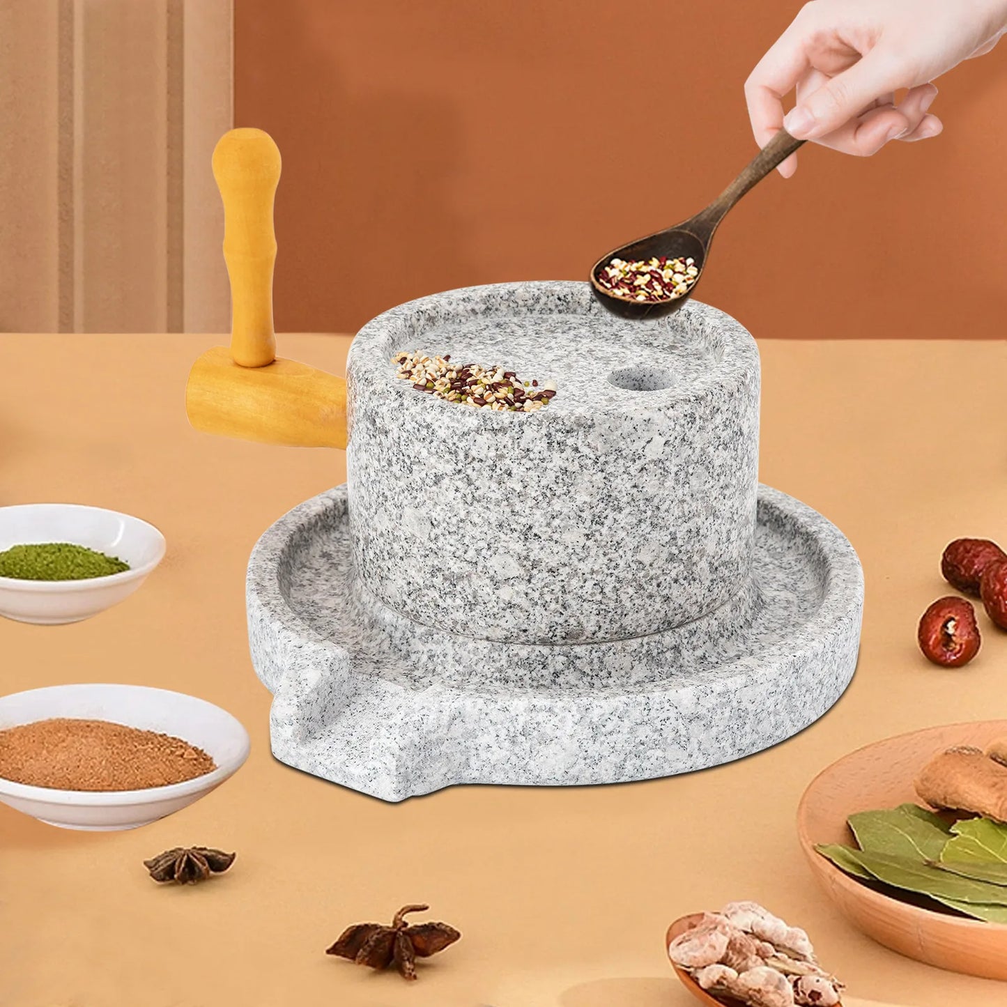 Manual Millstone Grinder Traditional Hand-Push Chili Pepper Mung Bean Flour Mill Grinder Marble Mini Stone Mill
