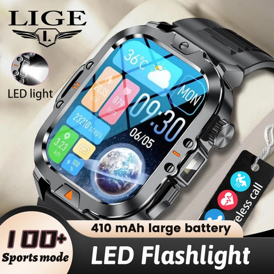LIGE 2.01-inch HD Screen Men Smart Watch With Flashlight Outdoor Sports Men Watch IP68 Waterproof Health Monitor Call Smartwatch